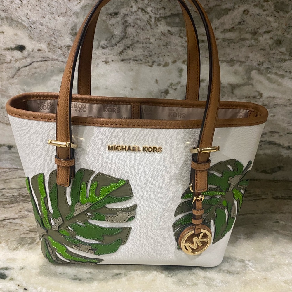 Michael Kors White and Green Leaf Tote